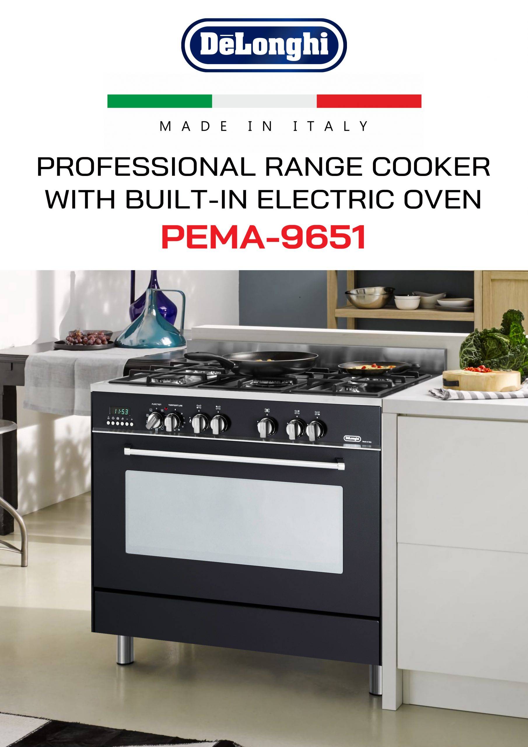 Delonghi PEMA9651 Professional Dual Fuel Range Cooker 5 Burners 100L Oven (Black) Made in Italy
